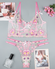 Floral Embroidered Mesh Longline Bra & Thong Set