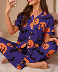 Halloween Pumpkin & Bat Print Short Sleeve Pajama Set