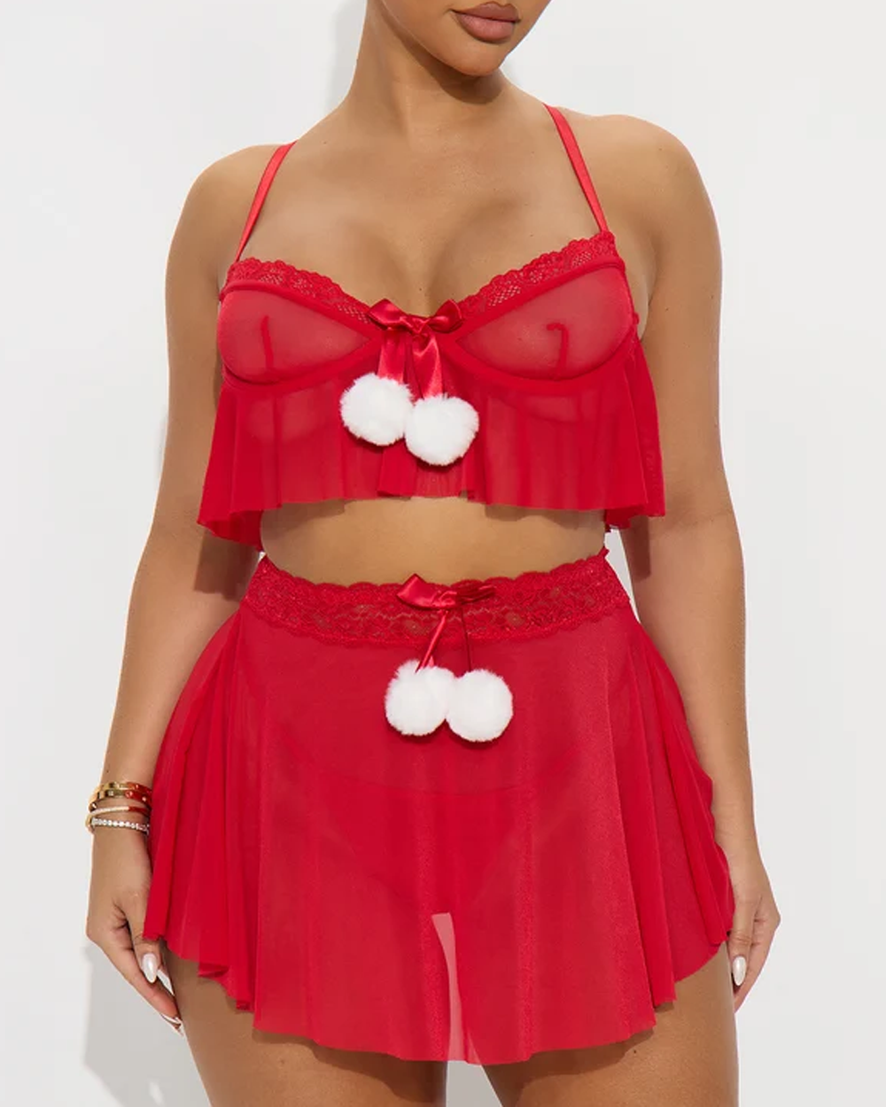 Sexy Sheer Mesh Lingerie Set with Lace Trim and Pom-Pom Bows