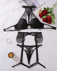 Sexy Black Lace Halter Garter Lingerie Set