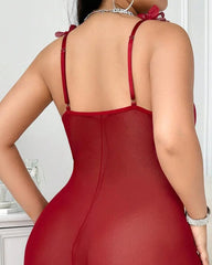 Plus Size 3D Floral Applique Sheer Mesh Halter Babydoll Lingerie Dress