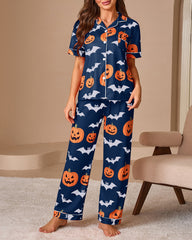Halloween Pumpkin & Bat Print Short Sleeve Pajama Set