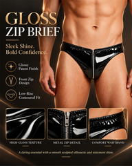 Men's Glossy Patent Leather-Look Front Zipper Briefs