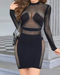 Round Neck Long Sleeve Slim Fit Sexy Hollow-out Bodycon Dress