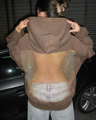 Fashion Solid Color Backless Cutout Mesh Panel Long-sleeved Hooded Sweatshirt