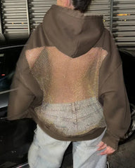 Fashion Solid Color Backless Cutout Mesh Panel Long-sleeved Hooded Sweatshirt