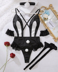 Sexy Bunny-Inspired Lace Trim Deep V Bodysuit Lingerie with Stockings Set