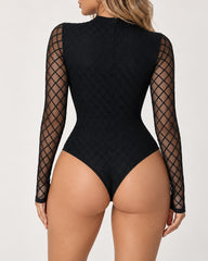 Sexy See-Through Mesh Round Neck Long Sleeve Bodysuit