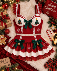 Christmas Tree Embroidered Lace Ruffle Lingerie Set