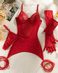 Sexy Rhinestone Embellished Sparkling Mesh Leg Strap Lingerie Set with Gloves