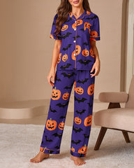 Halloween Pumpkin & Bat Print Short Sleeve Pajama Set