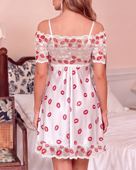Lip Print Lace Babydoll Nightdress with Satin Bow