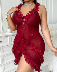 Plus Size 3D Floral Applique Sheer Mesh Halter Babydoll Lingerie Dress