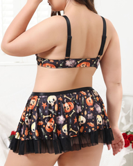 Plus Size Halloween Pumpkin Print Bra & Ruffle Skirt Lingerie Set