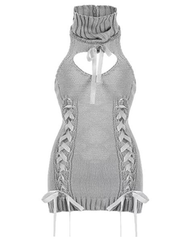 Knitted Turtleneck Keyhole Cutout Lace-Up Mini Dress with Stockings