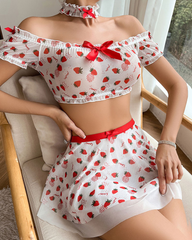 Cute Strawberry Print Off-Shoulder Lingerie Set