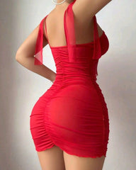 Sexy Bow-tie Mesh See-through Bodycon Dress with Stockings Set