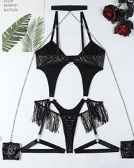PU Leather Metal Chain Halter Neck Tassel Outfit Sexy Cutout Bodysuit