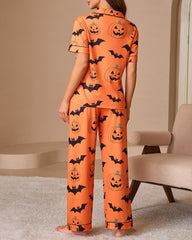 Halloween Pumpkin & Bat Print Short Sleeve Pajama Set