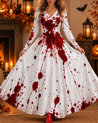 Halloween Cosplay Retro Print Long Sleeve Dress