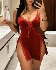 Christmas Sexy Velvet Deep V Hollow-Out Lace-up Nightgown