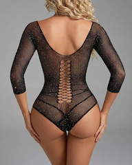 Rhinestone Fishnet Long Sleeve Bodysuit