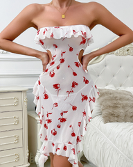 Sheer Rose Print Ruffle Cutout Lingerie Dress