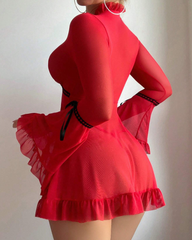 Sexy Sheer Mesh Ruffle Long Sleeve Babydoll Lingerie