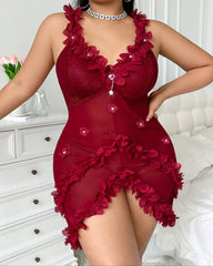 Plus Size 3D Floral Applique Sheer Mesh Halter Babydoll Lingerie Dress