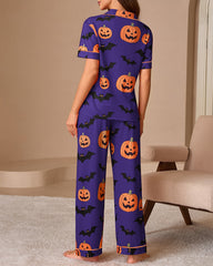 Halloween Pumpkin & Bat Print Short Sleeve Pajama Set