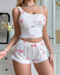 Sexy Heart-print One-shoulder Tank Top and Shorts Loungewear Set
