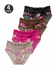 4-Pack Mid Waist Floral Print Lace Seamless Panties