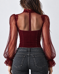 Velvet Sheer Lace Mesh Puff Sleeves Top