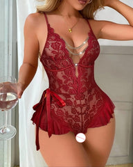 Sheer Floral Lace Plunge Neck Chain Detail Ruffle Teddy Bodysuit