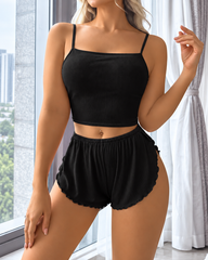 2-Piece Ribbed Cami Top & High Side Slit Ruffle Shorts Lounge Set