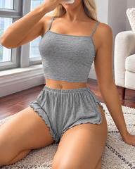 2-Piece Ribbed Cami Top & High Side Slit Ruffle Shorts Lounge Set