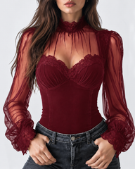 Velvet Sheer Lace Mesh Puff Sleeves Top