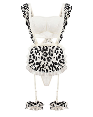 Black and White Leopard Print Maid Lingerie Set with Ruffled Apron and Thigh Garters