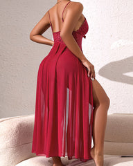 Sexy Lace Deep V Pearl Embellished See-through High Slit Long Slip Nightgowns