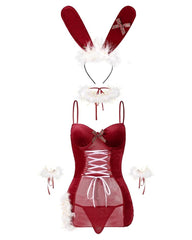 Christmas Bunny Ear Velvet Mesh See-through Sexy Nightgown Set