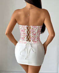 Floral Embroidered Sheer Mesh Backless Tie-up Strapless Top