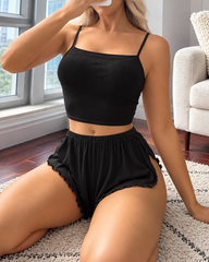 2-Piece Ribbed Cami Top & High Side Slit Ruffle Shorts Lounge Set