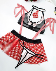Red Gingham Halter Fishnet Bra & Ruffle Mini Skirt Lingerie Set