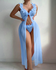 Sexy Low-Cut Floral See-Through Mesh Suspender Maxi Dress Set