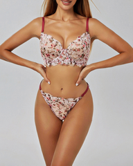 Romantic Floral Embroidered Lace Underwire Bra & Thong Set