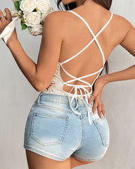 Floral Lace Sexy Slim-fit Backless Halter Rope Bodysuit