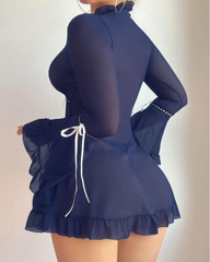Sexy Sheer Mesh Ruffle Long Sleeve Babydoll Lingerie