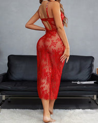 Sexy Floral Lace Mesh See-through Long Camisole Nightgown