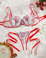 Sexy Flower Embroidered Mesh Lace Gathered Bra Set