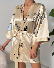 Elegant Champagne Satin Butterfly Print Kimono Robe